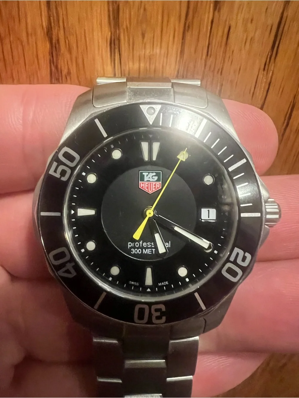 Tag Heuer Black Dial Stainless Dive Watch with Yellow Second Hand